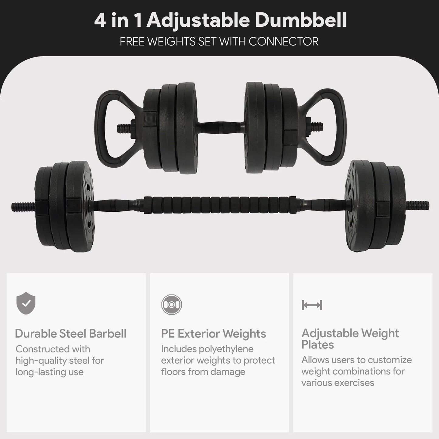 Fitvids 4-in-1 Adjustable Dumbbell Set - 60 lbs Free Weight System with Connector