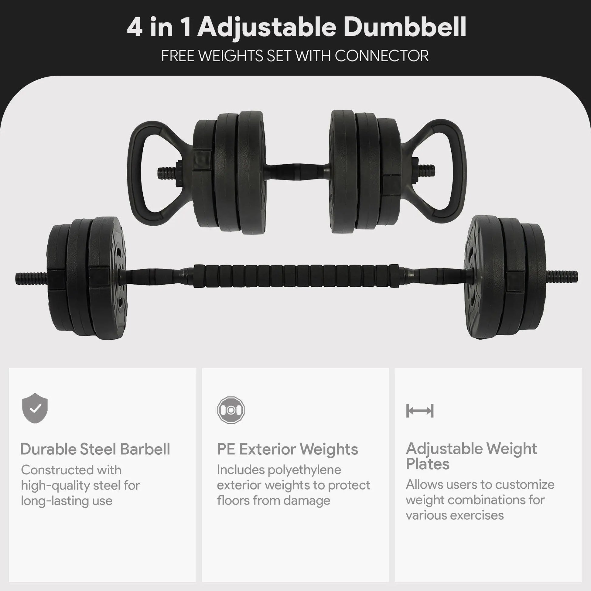 Fitvids 4-in-1 Adjustable Dumbbell Set - 60 lbs Free Weight System with Connector