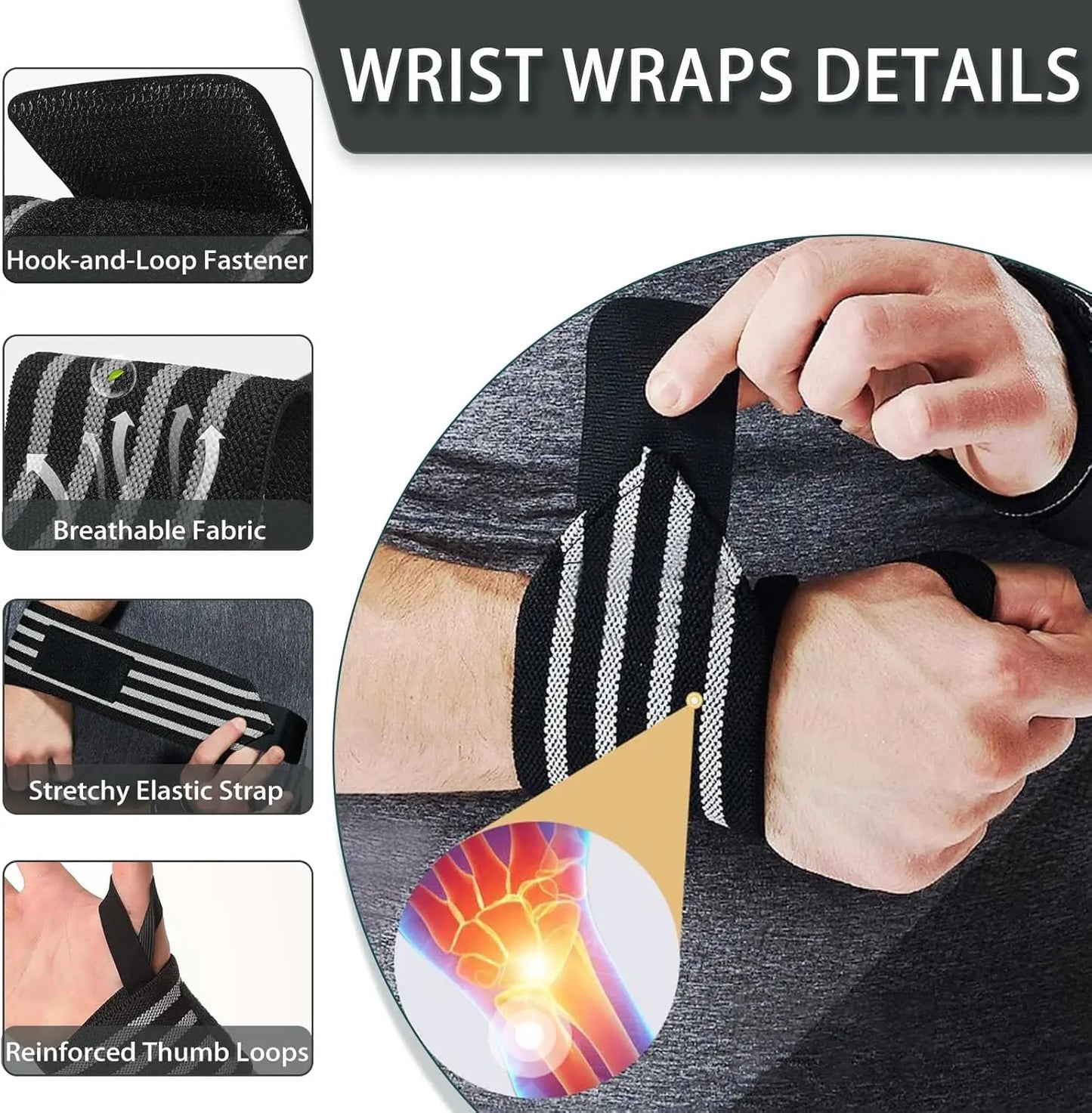 Wrist Wraps for Weightlifting Gym Bodybuilding Workout, 13" Red and Black with 4 Stripes, Adjustable Long Velcro, Wrist Band for Men and Women