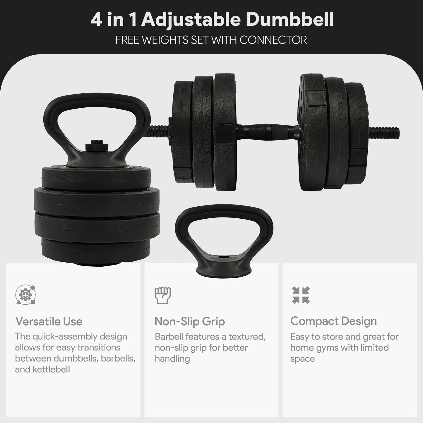 Fitvids 4-in-1 Adjustable Dumbbell Set - 60 lbs Free Weight System with Connector
