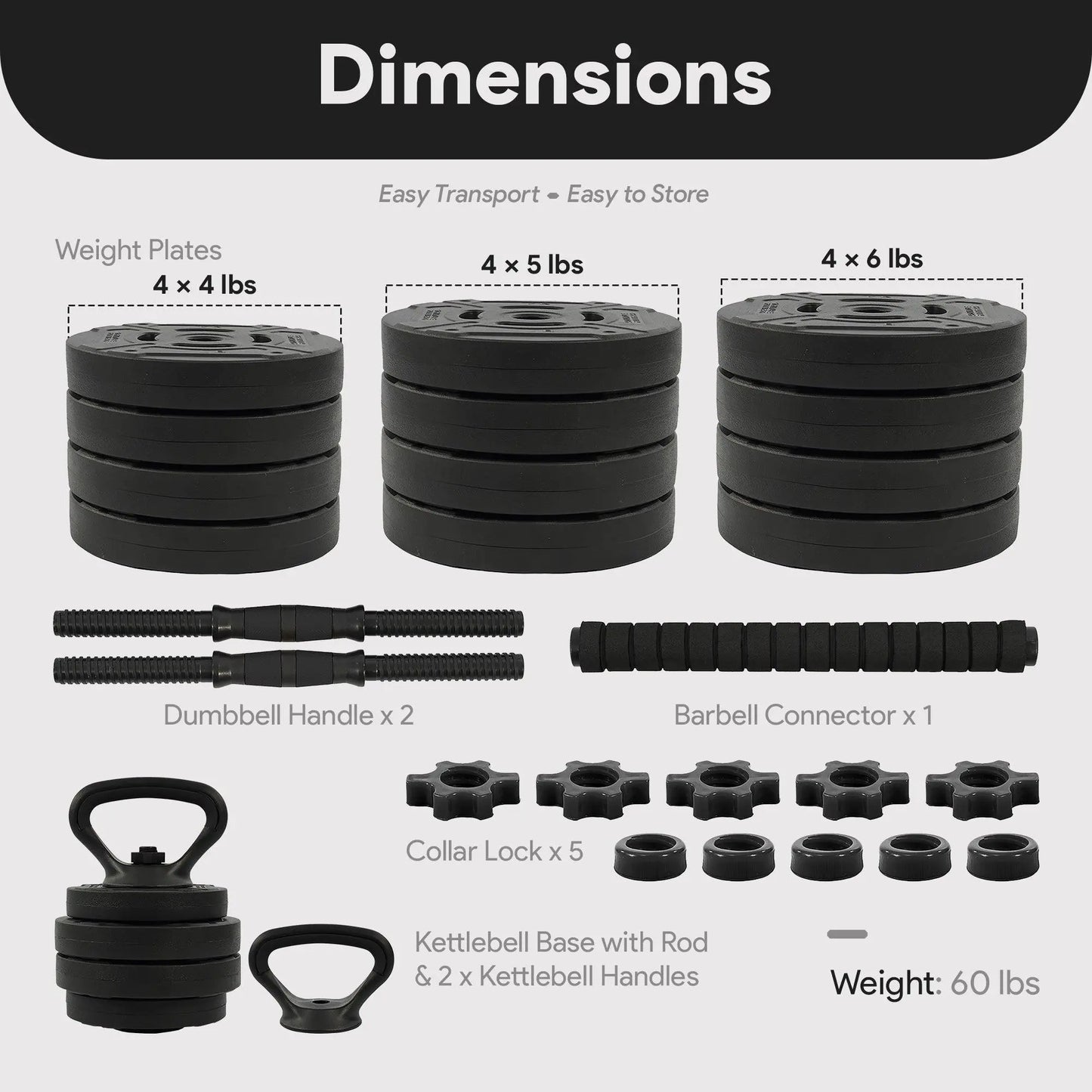 Fitvids 4-in-1 Adjustable Dumbbell Set - 60 lbs Free Weight System with Connector