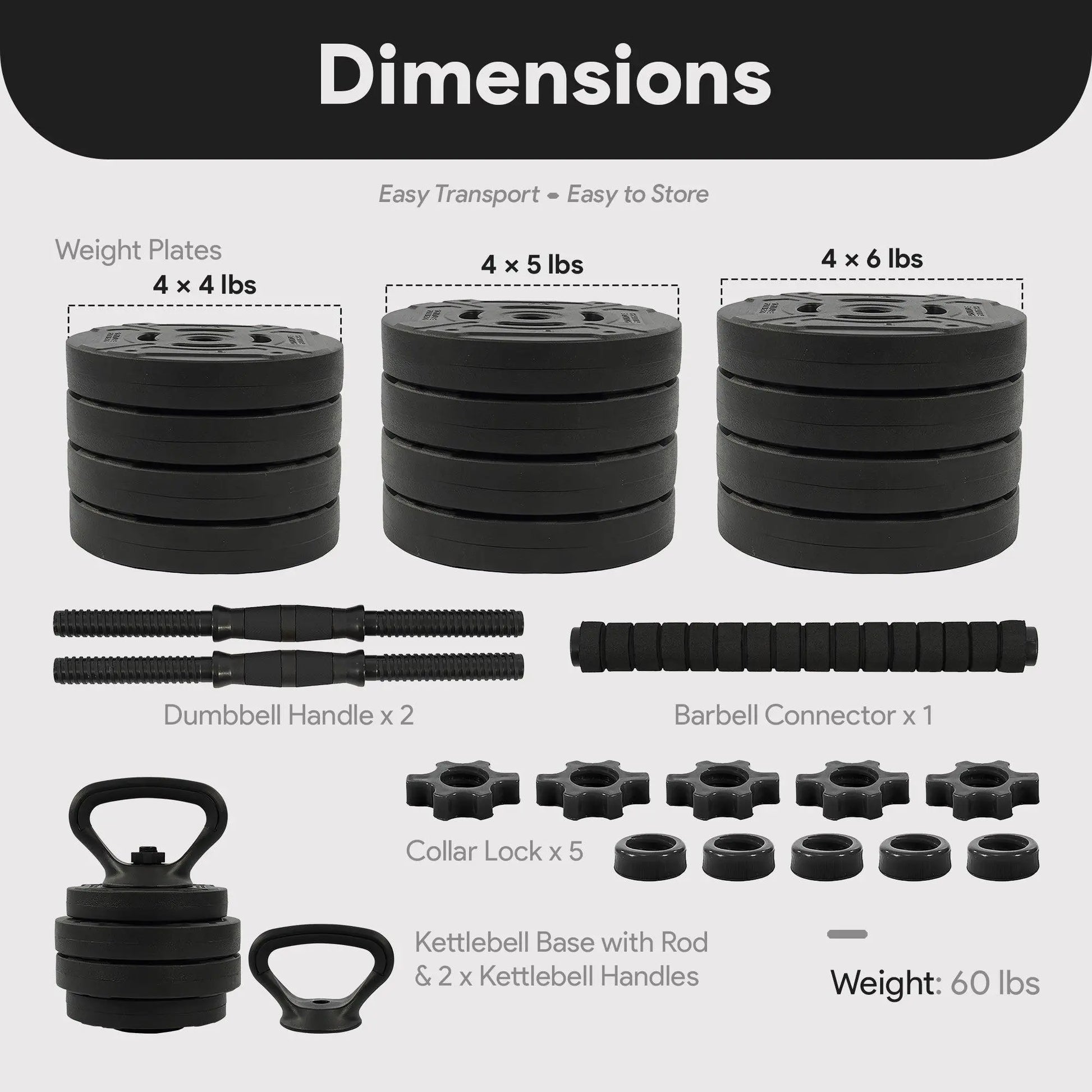 Fitvids 4-in-1 Adjustable Dumbbell Set - 60 lbs Free Weight System with Connector